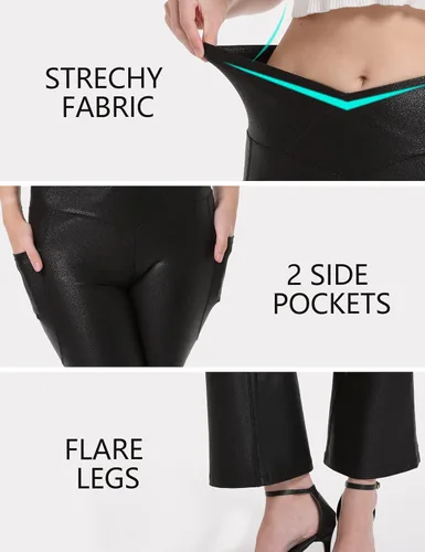 Vista 5 de HARTPOR Crossover - Leggings acampanados de piel sintética para mujer, control de abdomen, cintura alta, pantalones de cuero con bolsillos