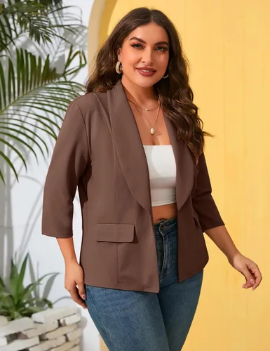 Vista 3 de Blazer casual con bolsillos para mujer, talla grande, para oficina, frente abierto, manga 34, cárdigans, chaqueta de trabajo
