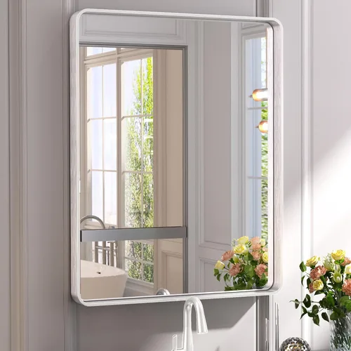 Vista 29 de Espejo de marco dorado cepillado de 16 x 24 pulgadas, espejo de tocador de baño de latón dorado para pared, espejo enmarcado rectangular de esquina