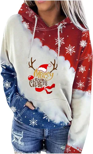 Vista 5 de MRGIINRI Sudadera con capucha de Navidad 2022 para mujer, manga larga, estampado de Navidad, bloque de color, sudaderas con capucha con bolsillo