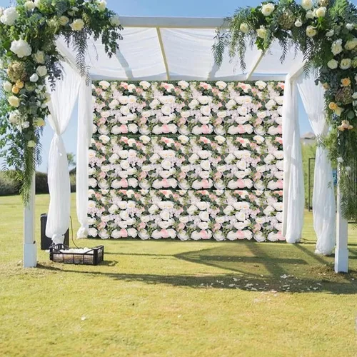 Vista 4 de Paneles de flores artificiales para decoración de pared, 6 piezas de rosas falsas, peonía, eucalipto, telón de fondo de pared de rosas para fiesta 6