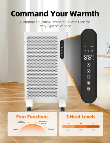 Vista 5 de Mica - Calentador infrarrojo de espacio, 1500W. Calentador de panel portátil para uso en interiores, habitación grande, WiFi, aplicación inteligente