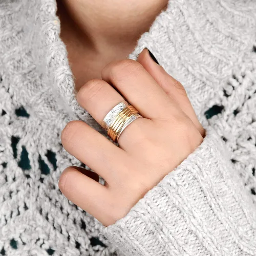 Vista 5 de Boho-Magic Anillo giratorio de plata de ley 925 para mujer con 4 anillos de latón para ansiedad, banda ancha gruesa, Metal