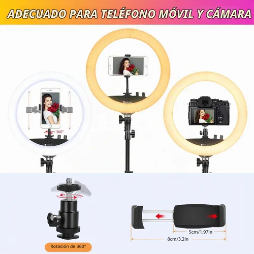 Vista 7 de Anillo de luz con soporte de trípode, kit de anillo de luz LED de 14 pulgadas Yesker con soporte para teléfono, temperatura de color ajustable