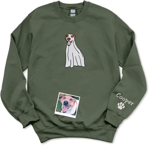Vista 3 de GodLover Sudadera de fantasma del futuro bordado con fotos personalizadas, sudadera de cuello redondo de Halloween, sudadera de perro fantasma