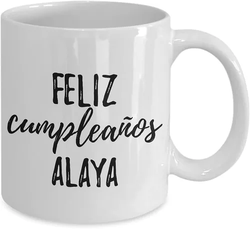 Vista 2 de Feliz Cumpleanos Alaya Mug Spanish Happy Birthday Personalized Name Gift Coffee Tea Cup 11 oz