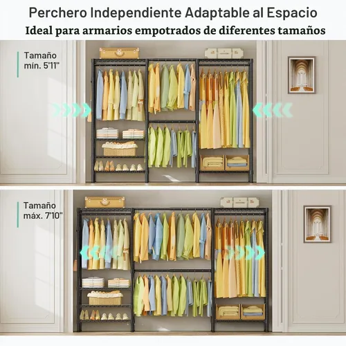 Vista 4 de SEMHOR E06 - Perchero extensible resistente para armario vertical, estantes de ropa independientes con estantes, sistema organizador de armario