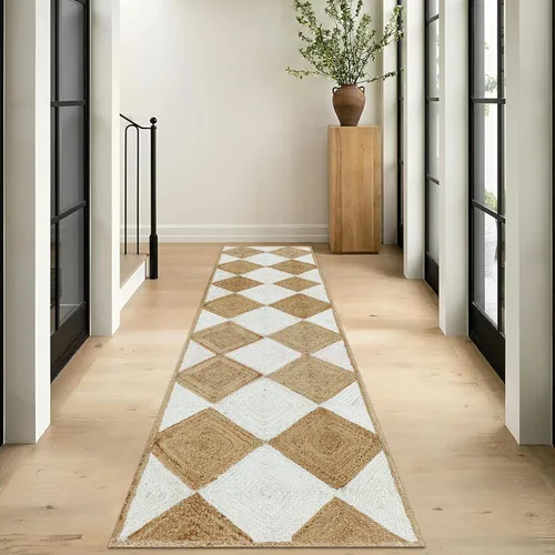 Vista 5 de Collection - Alfombra de pasillo de 2.6 x 4 pies, alfombra trenzada de yute blanca y beige, alfombra geométrica kilim para interiores y exteriores