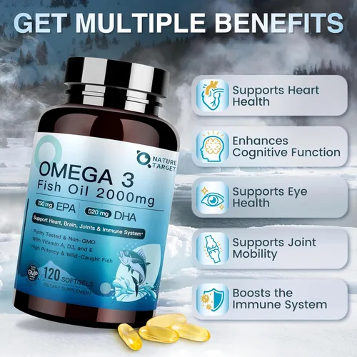 Vista 3 de Nature TARGET Aceite de pescado Omega 3 2000 mg con vitamina D3, A, E, 120 cápsulas blandas