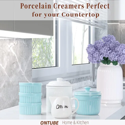 Vista 6 de ONTUBE Crema de porcelana, jarra de crema de leche de cerámica de 12 oz (blanco) Porcelain, 12oz creamer pitcher, white, drip-free, easy-pour