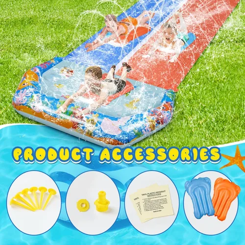 Vista 6 de Toboganes de agua dobles de 40 pies para niños y adultos, toboganes de agua extralargos con 2 bodyboards, resistentes, juguetes inflables gigantes