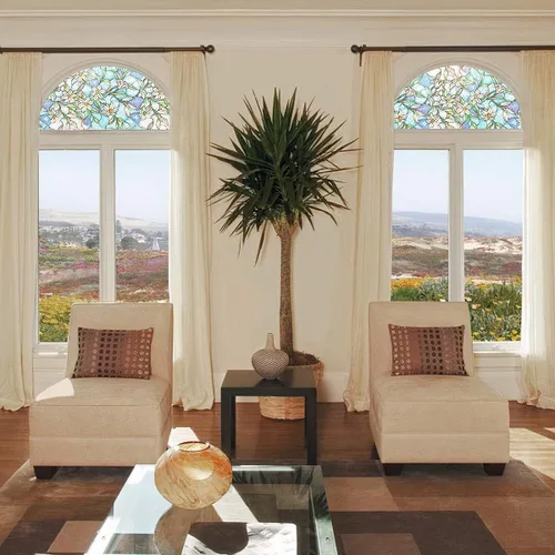 Vista 6 de Película decorativa arqueada para ventana precortada de orquídea, autoestática, 18 pulgadas de diámetro