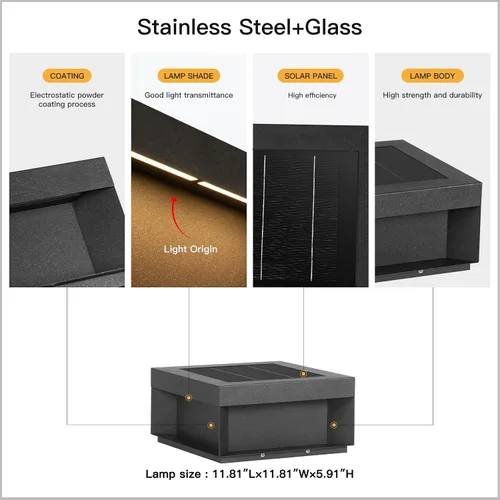 Vista 2 de MVBT Luz solar de poste de 11.8 pulgadas, luces de pilar modernas para exteriores, impermeable, 3000 K, lámpara LED de columna de puerta de patio