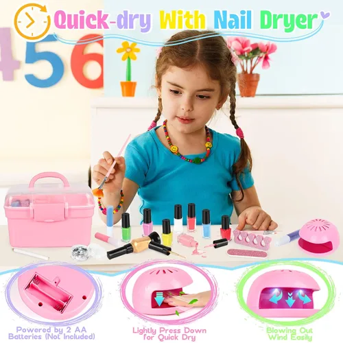 Vista 3 de Juego de Esmalte de Uñas para Niñas, Kit de Arte de Uñas con Secador de Uñas y Estuche de Almacenamiento, Esmalte de Uñas No Tóxico de Secado Rápido