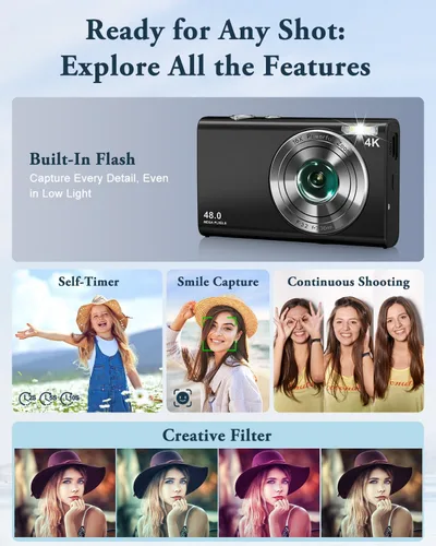 Vista 5 de Cámara Digital 4K para Fotografía y Video Enfoque Automático Anti-Vibración, Zoom 16X 48MP Cámara Point and Shoot para Adolescentes Adultos