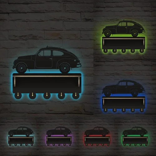 Vista 2 de The Geeky Days Moderno llavero luminoso LED con forma de coche para pared, perchero de madera montado en la pared con estante organizador de medalla