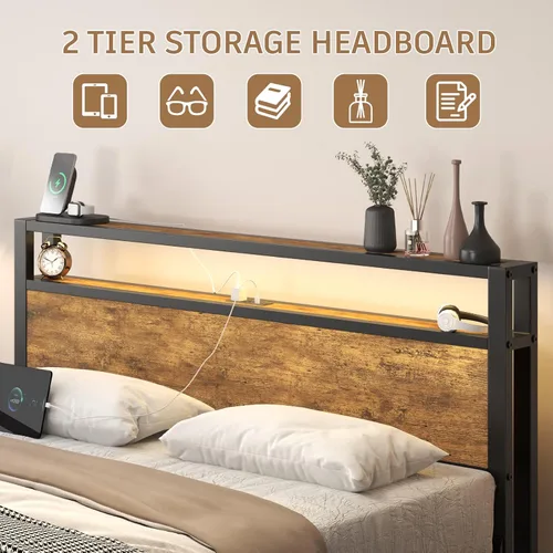 Vista 6 de E-Motie Base de cama de tamaño matrimonial con luces LED y estación de carga, cabecera de almacenamiento de madera con estantes de 2 niveles