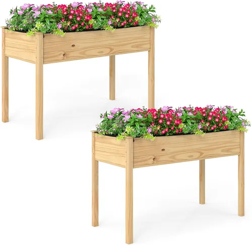 Vista 11 de Giantex Cama de jardín elevada, maceta elevada de madera con forro, cama elevada independiente de 47 x 23 x 30 pulgadas para plantas