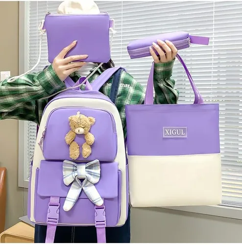 Vista 2 de Juego de 4 mochilas Kawaii con bonitos colgantes e insignia, mochila escolar japonesa y mochila para niñas de 10 a 12 años, Púrpura, Mochila, viaje
