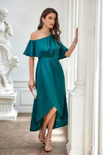 Vista 3 de GRACE KARIN Vestidos de satén con un hombro descubierto para mujer, vestidos fruncidos en línea A, vestidos formales de cóctel para invitados de boda