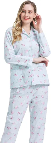 Vista 7 de Amaxer Conjunto de pijama 100% algodón para mujer, de manga larga, suave, con botones, con cordón elástico