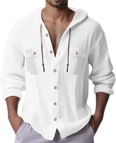 Vista 9 de Sudaderas con capucha de lino y algodón para hombre, camisas guayabera de manga larga con capucha con cordón y botones, camisas de playa