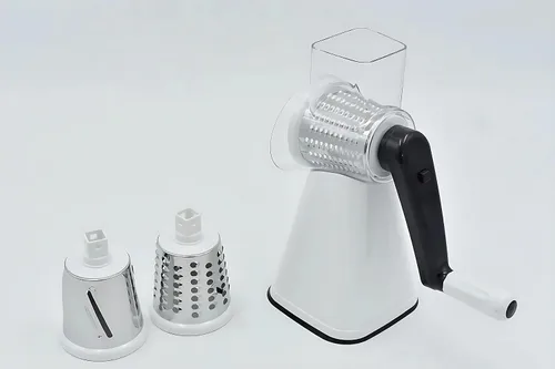 Vista 3 de Rallador rotativo de queso, rebanador de verduras de mandolina de cocina con 3 cuchillas intercambiables, fácil de limpiar rallador giratorio