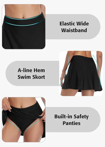 Vista 4 de beautyin falda de natación para mujer, lisa, control del abdomen, con bragas integradas