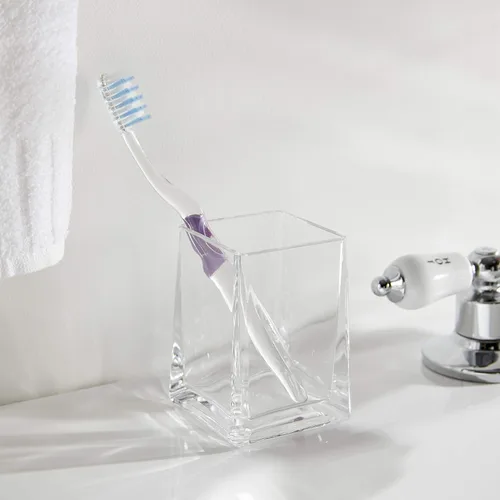 Vista 4 de Huang Acrylic Dispensador de jabón cuadrado cónico y soporte para cepillo de dientes/vaso de baño Set