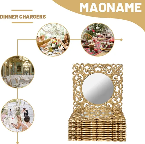 Vista 8 de MAONAME Platos cargadores dorados de 12", juego de 12 unidades, cargador espejo para platos de cena, platos cargadores de plástico con bordes