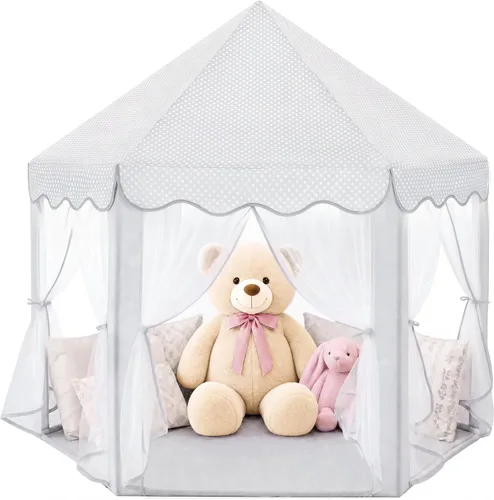Vista 13 de Sumbababy - Tienda de campaña de castillo de princesa para niñas, de juego, hexagonal, azul, con luces de estrella de hadas, juguetes para niños