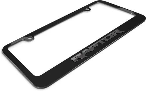 Vista 3 de iPick Image Hecho para Ford F-150 Raptor en letras 3D gris oscuro sobre marco de matrícula de metal negro