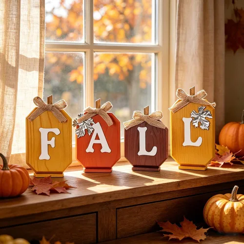 Vista 5 de Decoraciones de otoño para el hogar, letrero de madera de calabaza con letras de otoño para decoración de otoño, juego de bloques de madera