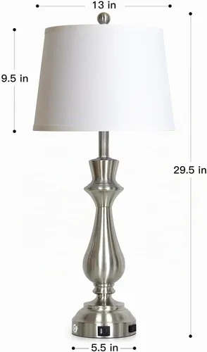 Vista 6 de Moderna lámpara de mesa plateada para sala de estar, lámpara de noche de 30 pulgadas de alto con puerto de carga USB, lámpara de mesita de noche