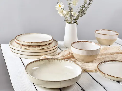 Vista 7 de Bosmarlin Juego de 4 platos de cerámica para ensalada, pasta, postre, microondas y lavavajillas (beige, 8.2 pulgadas)