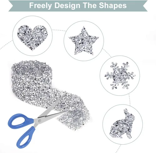 Vista 3 de Rollo de cinta de cristal de diamantes de imitación con adhesivo, 1.2 in x 1 yarda, banda de decoración plateada brillante para bodas, fiestas