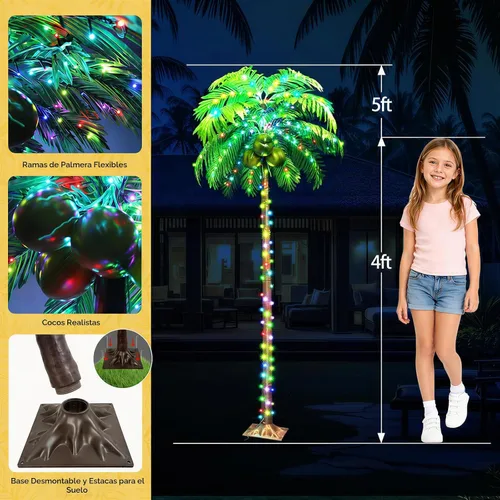 Vista 5 de Ledido - Palmera artificial iluminada de 5 pies, colorida con 3 cocos, 144 luces LED, para exteriores, con control remoto, impermeable, regulable