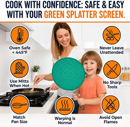 Vista 8 de Pantalla contra salpicaduras de silicona para sartén Verde 13" No más salpicaduras de aceite Mango plegable con fundas, resistente al calor