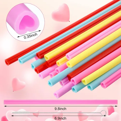 Vista 2 de Jutom Paquete de 25 pajitas en forma de corazón de San Valentín de 9.8 pulgadas reutilizables de silicona con 2 cepillos de limpieza para regalos