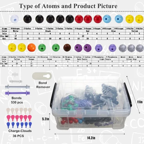 Vista 4 de Kit de modelo de estructura molecular, modelo de bola molecular de 974 piezas, con nube atómica/de carga, kit de modelo orgánico/inorgánico