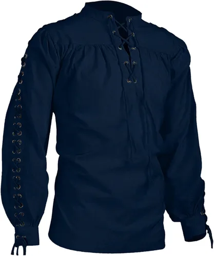 Vista 4 de Camisa medieval pirata para hombre, manga larga, con cordones, gótico renacentista, steampunk