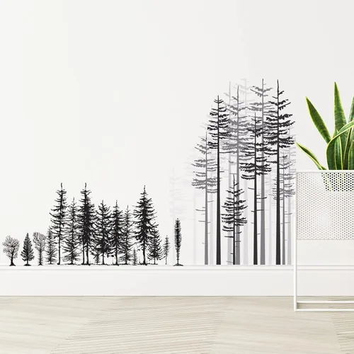 Vista 5 de Outus 3 hojas de calcomanías de pared de oso de bosque de montaña, calcomanías de pared de pinos, calcomanías de pared de árboles de bosque