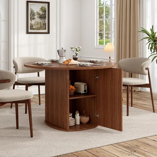 Vista 4 de Mesa de comedor redonda para 4-6 personas, mesa de cocina de granja de 47.24 pulgadas con base acanalada con patrón de ondas, juego de mesa