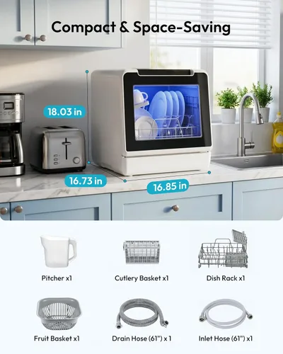 Vista 2 de EUHOMY Lavavajillas de encimera portátil, 8 programas con tanque de 5L, sin