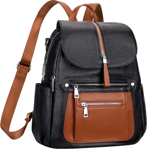 Vista 2 de ALTOSY Mochila de cuero para mujer, bolso casual de moda con múltiples bolsillos y solapa