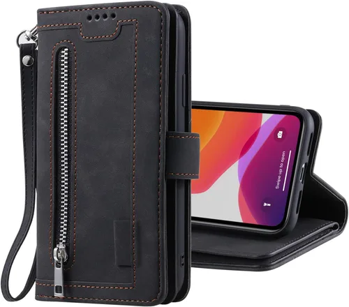 Vista 8 de UEEBAI Funda tipo cartera para iPhone 11 de 6.1 pulgadas, 9 ranuras para tarjetas retro con bolsillo con cremallera, cierre magnético, función atril