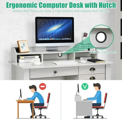 Vista 7 de Escritorio Tangkula en Blanco con 4 Cajones de Almacenamiento y Aparador, Escritorio Vintage para Computadora de Oficina en Casa, Mesa de Estudio