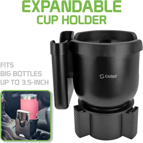 Vista 2 de Cellet Expansor de portavasos ACar con base ajustable: acomoda botellas grandes de hasta 3.5 pulgadas con base ajustable y soporte para teléfono