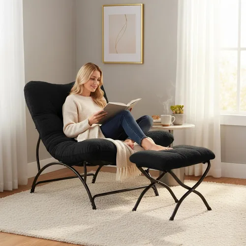 Vista 2 de Tiita - Silla acentuada perezosa con otomana, cómoda silla de ocio con estructura metálica y tela de felpa, silla reclinable acogedora con asiento