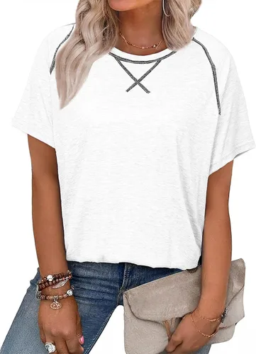 Vista 116 de Eytino Blusas de talla grande para mujer, cuello en V, manga corta, a rayas, casual, holgada, con bolsillo (1X-5X)